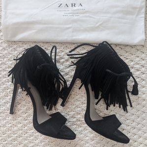 Zara BLACK High Heel Fringe Ankle Strap Sandals